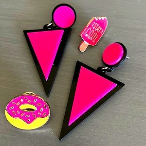 One enamel donut pin, one “stay cool” popsicle pin, and a pair of pink earrings!